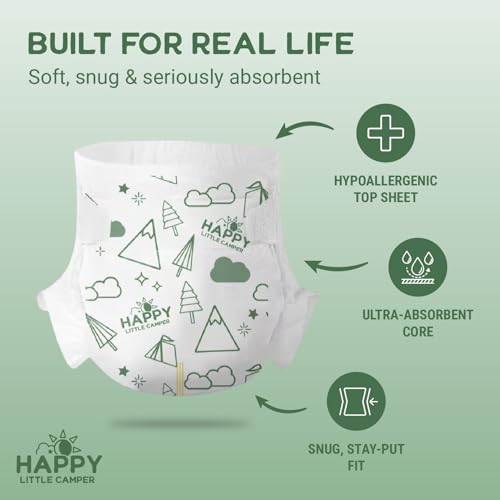 Image of Happy Little Camper Premium Ultra-Thin Diapers, Size 6, 35+ lbs, 50 Count | Ultra-Absorbent Disposable Baby Diapers for Sensitive Skin | Hypoallergenic, Fragrance-Free, Totally Chlorine Free
