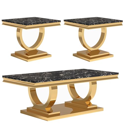 Modern Marble Coffee Table Set of 3, Luxury Marble Living Room Table Set Includes 1 Coffee Table, 2 End Table for Living Room, Black Faux Marble Top with Gold Stainless Steel Base