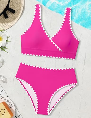 Image of KANGKANG Girls Swimsuit Bikini Set Solid Color V-Neck Two Piece Bathing Suit with Chest Pad Adjustable Straps Swimwear 7-16T