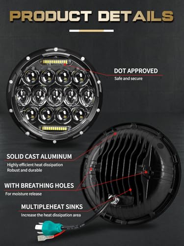 Vi9000 J0H13-B-2PCS 7 Inch Led Headlight Round H6024 Led Headlight Dot Approved Hi/Lo Beam Drl Black Headlights Compatible With Jeep Wrangler Jk Jku Tj Lj Cj Compatible thumb #3