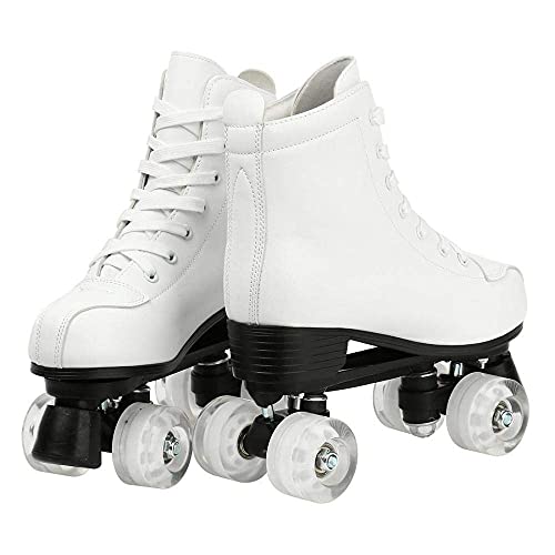 PHSDA Women's Roller Skates PU Leather High-top Roller Skates Four-Wheel Roller Skates Shiny Roller Skates for Unisex Kids and Adults (White Flash,255/us 7)