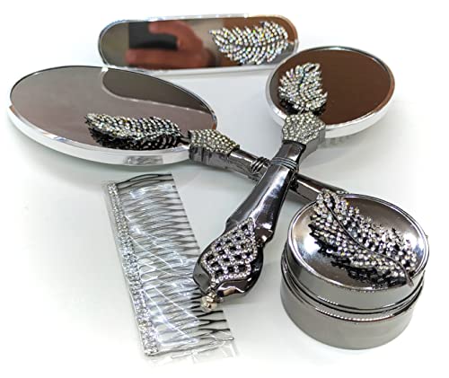 Handheld Makeup Vanity Mirror Comb Hair Brush Set | Hand Face Beauty Mirror (Silver) #TOP3