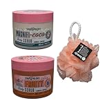 Soap Glory Body Care Bundle | Magnifi-Coco Exfoliating Body Scrub 300ml & Call of Fruity Exfoliating Body Scrub 300ml | Smooth & Hydrate for Radiant Skin With Free Beauty Body Puff (Any Colour)