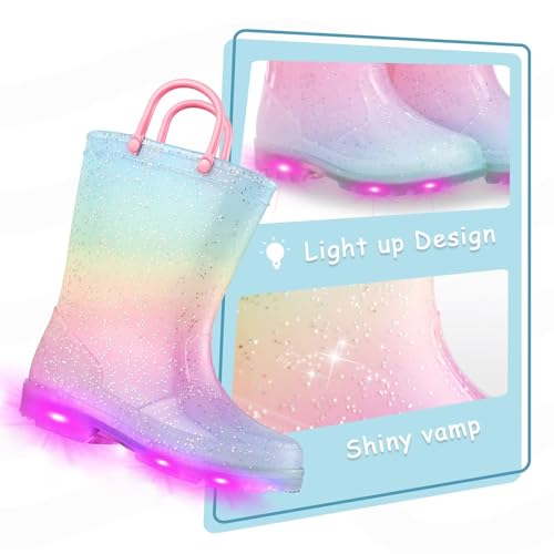 EUXTERPA Girls Glitter Light Up Waterproof Rain Boots Toddler Kids Rainbow Boots with Easy On Handles3