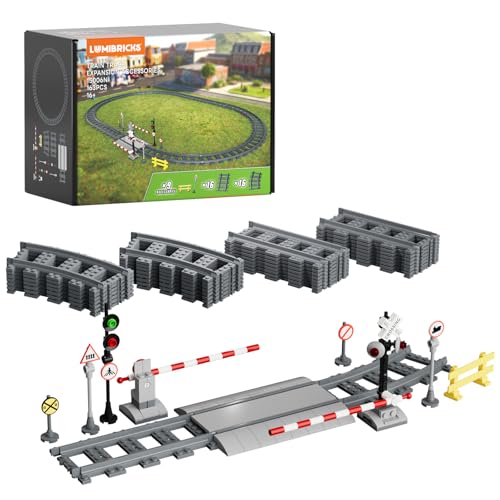 Lumibricks Train Track Expansion Pack, 32-Piece Railway Building Set with Signals and Signs, Compatible Track Pieces for Town and Western Sandbox Layouts, Creative Starter Set for Kids
