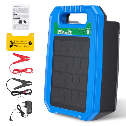 Solar Electric Fence Energiser 5KM 0.2J Output 8KV Pulse Rechargeable Solar Panel Powered IP55 Weatherproof 24/7 Livestock Protection for Cattle Horses Poultry Temporary Fencing Management