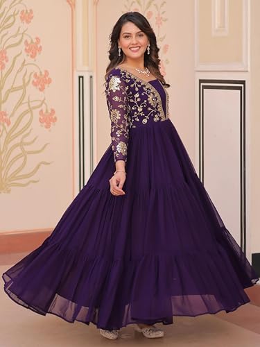 Image of FOXDX Womens Faux Georgette Sequence Embroidered Ankle Length Anarkali Gown for Women| Festival | Trending |