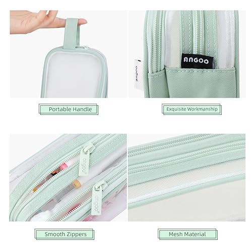 Image of Oyachic 2 Compartment Pencil Case Clear Mesh Pen Pouch Grid Makeup Cosmetics Bag Transparent Marker Organizer Office Business Travel Adults,green
