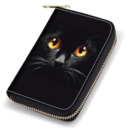 Credit Card Holder Wallets for Women, RFID Blocking Small Leather Card Case Wallet with Zipper Accordion Wallets, Cute Black Cat Face