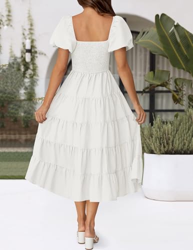 ZESICA Women's 2025 Summer Square Neck Short Puff Sleeve Solid Color High Waist Casual Smocked Flowy A Line Tiered Midi Dress4