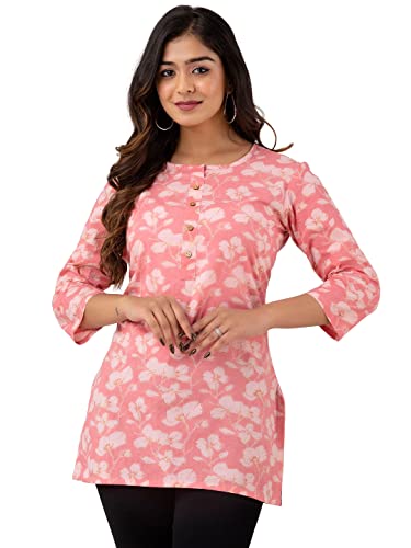 Image of feranoid Women Cotton Printed Straight Short Kurti (Pink)