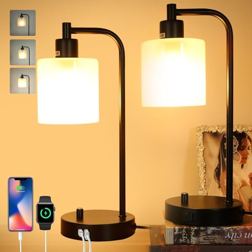 MIAOLIAN Bedside Lamps Set of 2,Dimmable Table Lamps with Eye-Caring Frosted Glass Shade for Bedrooms,USB & AC Outlets Charging Port,Nightstand Industrial LED Desk Lamps for Reading Living Room Office - Cosy Home Interiors MIAOLIAN Bedside Lamps Set of 2,Dimmable Table Lamps with Eye-Caring Frosted Glass Shade for Bedrooms,USB & AC Outlets Charging Port,Nightstand Industrial LED Desk Lamps for Reading Living Room Office