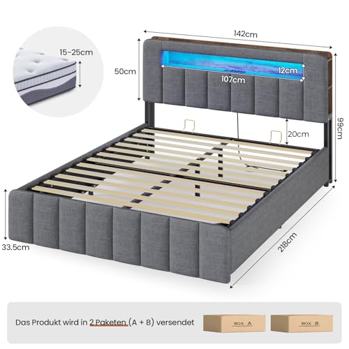 AOGLLATI Polsterbett 140x200 mit Stauraum,Hydraulisches Bett mit LED-Bleuchtung und Ladestation Jugendbett Doppelbett Bettgestell mit Kopfteil aus Samt-Ohne Matratze (Grau Leinen, 140x200cm)