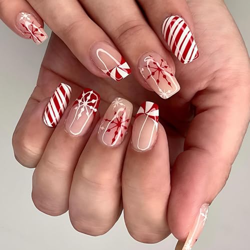 24Pcs Christmas Press on Nails Short Square Fake Nails Red White ...