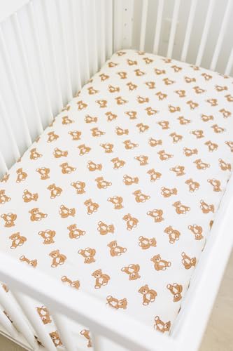 Image of Mebie Baby Teddy Bear Muslin Crib Sheet, Soft and Breathable Fitted Sheet for Babies, 100% Muslin Cotton, 52 inch x 28 inch Standard Crib Mattress, Modern Neutral Bedding for Boy or Girl Room