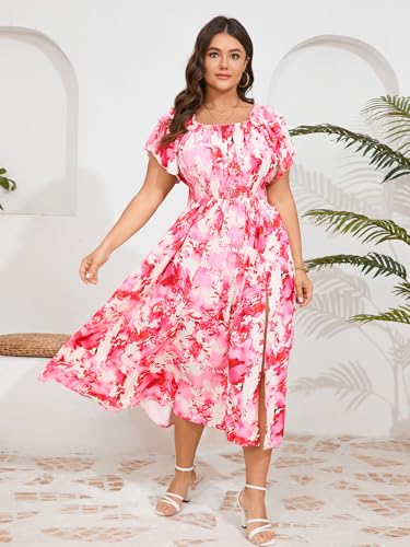 Image of Plus Size Maxi Dress Off The Shoulder Ruffle Smocked Wedding Guest Cocktail Slit Hem Flowy Dresses for Curvy Women