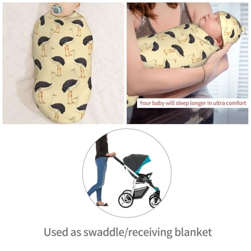 Image of Watercolor Cartoon Ostriches Newborn Swaddle Blankets Hat Sets Soft Baby Receiving Blanket Swaddle Sack for Baby Shower Infant Boy Girl Gift