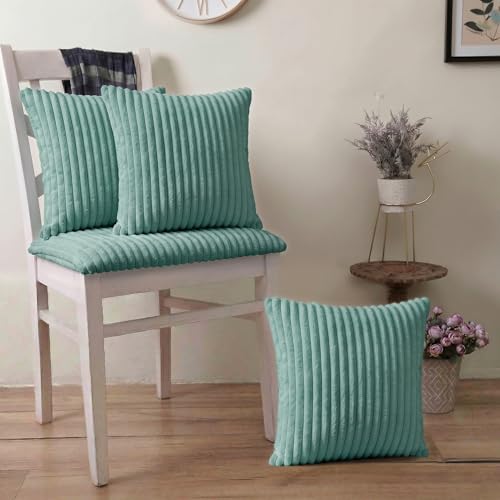 Image of Yellow Weaves Pencil-Stripe Fur Cushion Covers | Soft Polyester | Decorative Sofa & Throw Pillow Covers | 16x16 Inches, Pack of 3 (Sea Green)