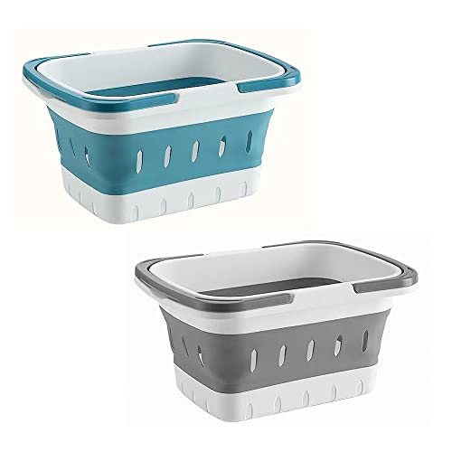 Image of ANNIYA 2 Pack Portable Plastic Shower Caddy Tote, Collapsible Small Basket with Handles, Box Organizer Bin for Bathroom, Kitchen, College Dorm,Gym(Grey +Blue)
