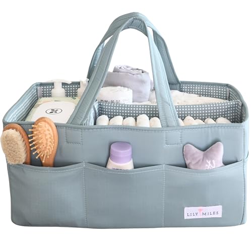 Image of Lily Miles Baby Diaper Caddy Organizer, Wipeable Diaper Organizer Basket with 8 Pockets for Newborn Essentials, Nursery Tote Bag for Changing Table & Car Organization (Willow Green, Large)