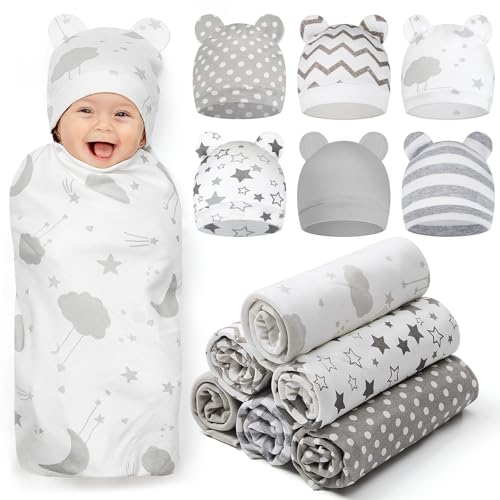 Ramede 6 Set Baby Swaddle Blanket and Hat, 100% Cotton Newborn Receiving Blanket Wrap with Headband, 31.5' Soft, Breathable for Girl Boy Nursery Sleep...