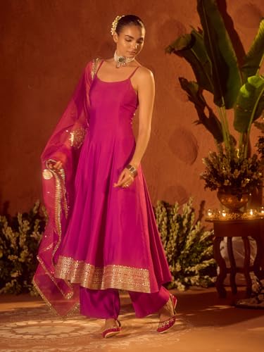 Image of FIORRA Women's Pink Viscose Chanderi Embroidered & Gota Patti Work Ethnic A-Line Kurta Set with Dupatta