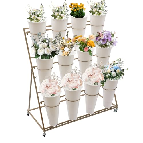 KONGKUNI Soporte de exhibición de flores de metal de 3 niveles con cubos, estante resistente para plantas con ruedas, estante de floristería móvil para jardín al aire libre, sala de estar, floristería