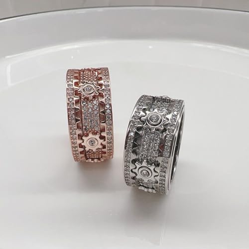 PAVEI 14K Gold Plated Solid 925 Sterling Silver CZ Simulated Diamond Stackable Ring Eternity Bands for Women Gear rotatable Wedding Engagement Diamond Ring(Silver-US Code-6)4