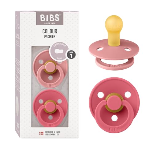 BIBS Pacifiers Colour Collection | Natural Rubber Baby Pacifier | Set of 2 BPA-Free Soothers | Made in Denmark | 0+ Months (Pack of 2) | Dusty Pink/Cora
