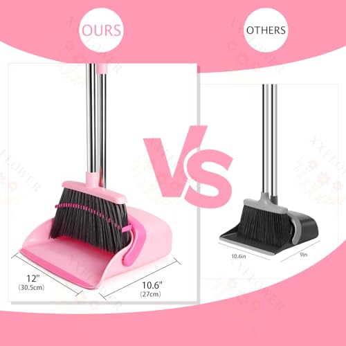 Image of Broom and Dustpan Set, Dustpans with Broom Combo for Home, Heavy Dust Broom and Dustpan Combo, Long Handle Dust Pan and Broom Set for Kitchen, Office, Pet Hair,Pink, Pack of 1