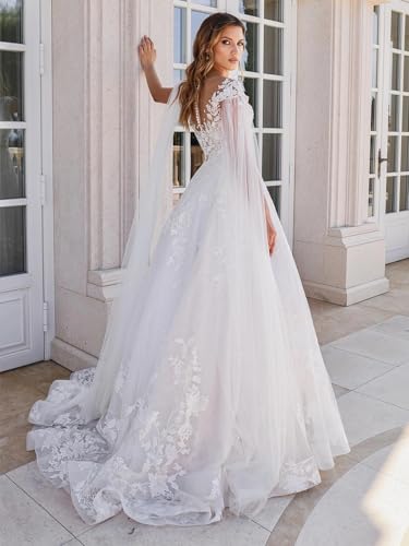 Floral Laces Tulle Wedding Dresses for Bride 2025 Appliques Wedding Gowns with Long Cape LU1332
