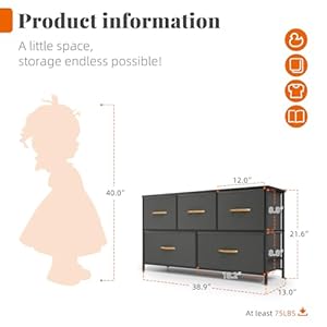 Romoon dresser for bedroom wide closet dresser with 5 drawer small fabric dresser chests of drawers for kids bedroom closet hallway dark grey  urban country home decor