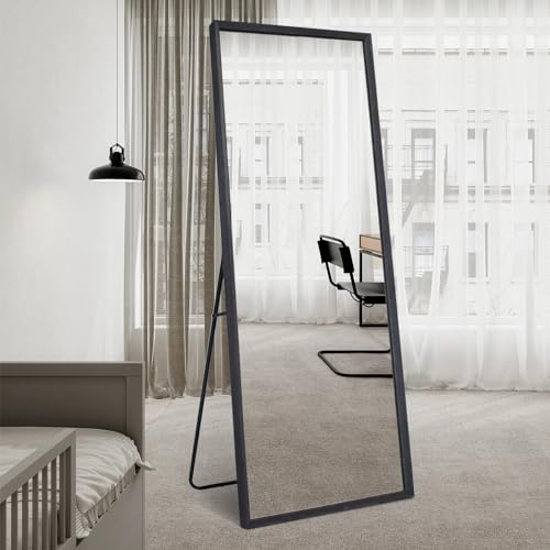 65x22-Full-Length-Mirror-with-Wood-Frame-and-Metal-Holder-Large-Rectangle-Dressing-Mirror-Floor-Mirror-HD-and-Explosion-Proof-Silver-Mirror-Standing-Hanging-or-Leaning-WallBlack