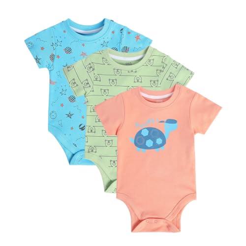 Image of miniklub Baby Round Neck Knitted Cotton Printed Body Suit, Pack of 3 (Multi Color)