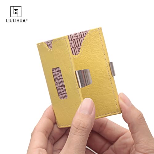 Image of LLH Leather Trifold Wallet - RFID Blocking with Stainless Steel Locking Clip Wallet, Minimalist Front Pocket RFID Blocking Credit Card Holder (Yellow)
