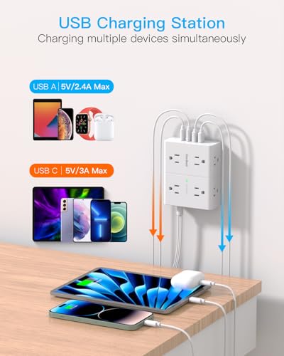 Image of Extension Cord 15 Ft, Flat Plug Surge Protector Power Strip 15ft Long Cord with 8 Outlets and 4 USB Ports(2 USB C), 15 Feet Extension Cord with Multiple Outlets for Home Office, College Dorm Room