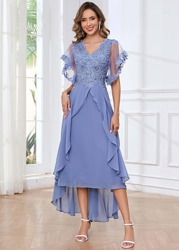 Tea Length Mother of The Bride Dresses for Wedding with Sleeves Lace Chiffon A Line Formal Wedding Guest Dress3