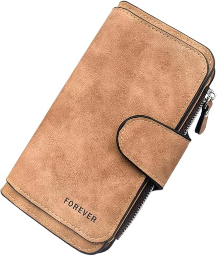 Triple Fold Womens Wallet PU Material Long Wallet with Mental Buckle, Credit Card Wallets 2 Photo Slots, 14 Card Slots, 6 Note Position, 1 Zipper Bag (Brown)2
