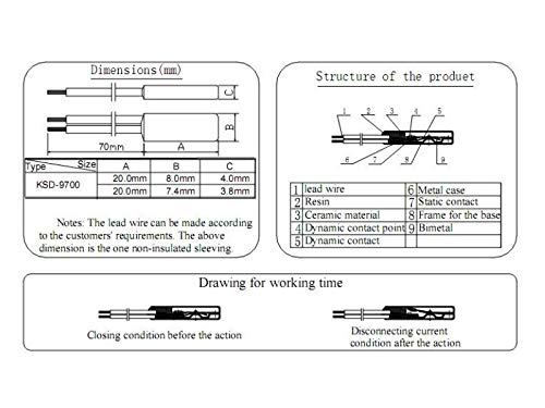 KSD9700 Temperature Switch Thermostat Thermal Protector 250V 5A Metal Temperature Controller Normally Close (NC)45? 20PCS