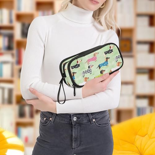 Image of ZAZYXTJ Dachshund Dog Large Capacity Pencil Case 3 Compartment Pen Pouch Storage Canvas Makeup Bag for School Office Teen Girl Boy Men Women