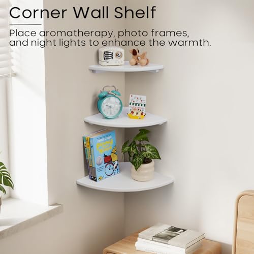 White Corner Shelf, Wall Mount Natural Oak Wood Floating Corner Wall Shelf Round End Small Corner Nightstand Plant Shelf for Bedroom, Kitchen, Living Room 10inch