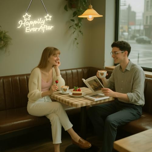 Image of Happily Ever After Wedding Signs, USB Powered Wedding Neon Sign with Dimmer and Sticky Hook, Hanging LED Light Sign Decorations, Home Decor for Bedroom Party Wall 15.75 * 9.45 inch