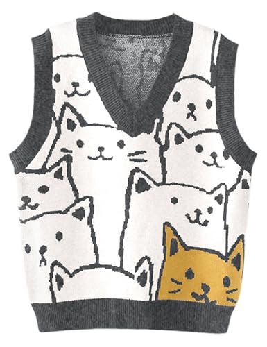 Image of Gihuo Womens Cat Sweater Vest V Neck Y2k Graphic Knitted Vests Pullover Sleeveless Knitwear Cute Tunic Knit Top