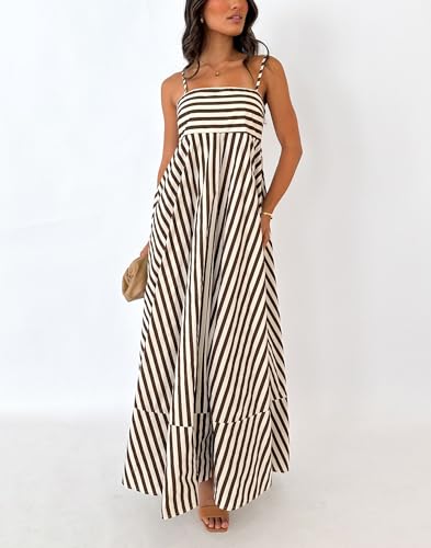 Image of Women Striped Maxi Dress Smocked Backless Spaghetti Strap Long Flowy Dress Sleeveless Boho Aline Sundress