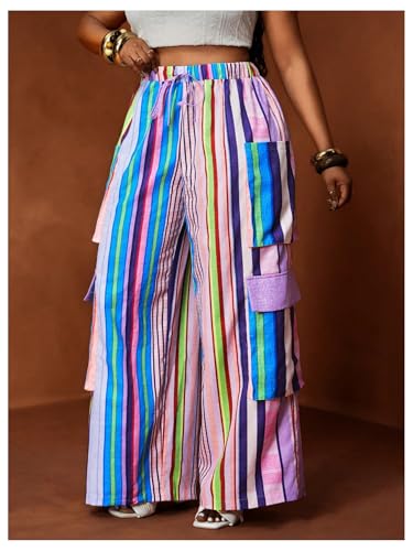 Women's Plus Size Rainbow Striped Cargo Pants Color Block Drawstring Waist Straight Leg Trousers Streetwear4