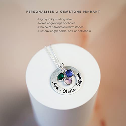 AJ`s Collection Sterling Silver Round Washer Personalized Pendant Necklace - Engraved with up to Three Names and Selected Birthstones2