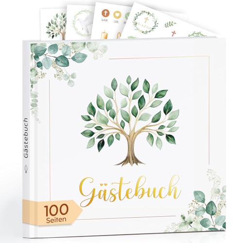 BOYATONG Gästebuch Kommunion Konfirmation Taufe & Firmung 100 Seiten Blankes Gästebuch mit 4 Stickerbögen Geschenk für Mädchen Jungen und Patenkinder zu Kommunion Konfirmation Taufe & Firmung