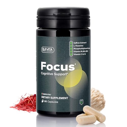 ELEVITA WELLNESS Focus Supplement (Made in Italy) | Premium Blend with L-Theanine, Lion's Mane & B Vitamins, Saffron and Vitamin D | Focus & Cognitive Support for Men & Women