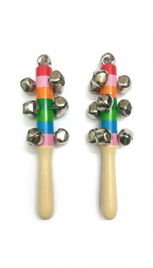 Rainbow Wooden Handle Jingle Bell Stick, Musical Instrument Toy with Metal Bells, Colorful Percussion Shaker for Kids, 2 Pack-image-4