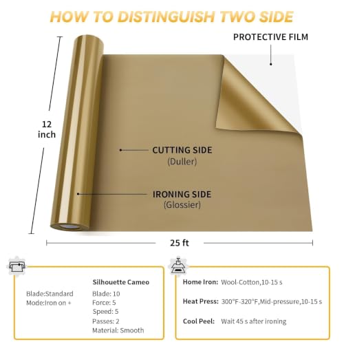 Image of VinylRus HTV Heat Transfer Vinyl Roll, Gold, 12 inch x 25FT